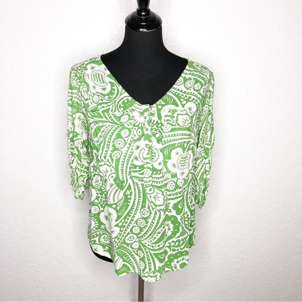 Anthropologie Maeve green white floral popover top size Small